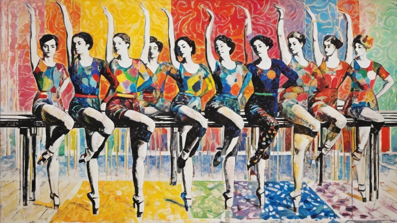 Colorful Artwork of Dancers in Geometric Outfits