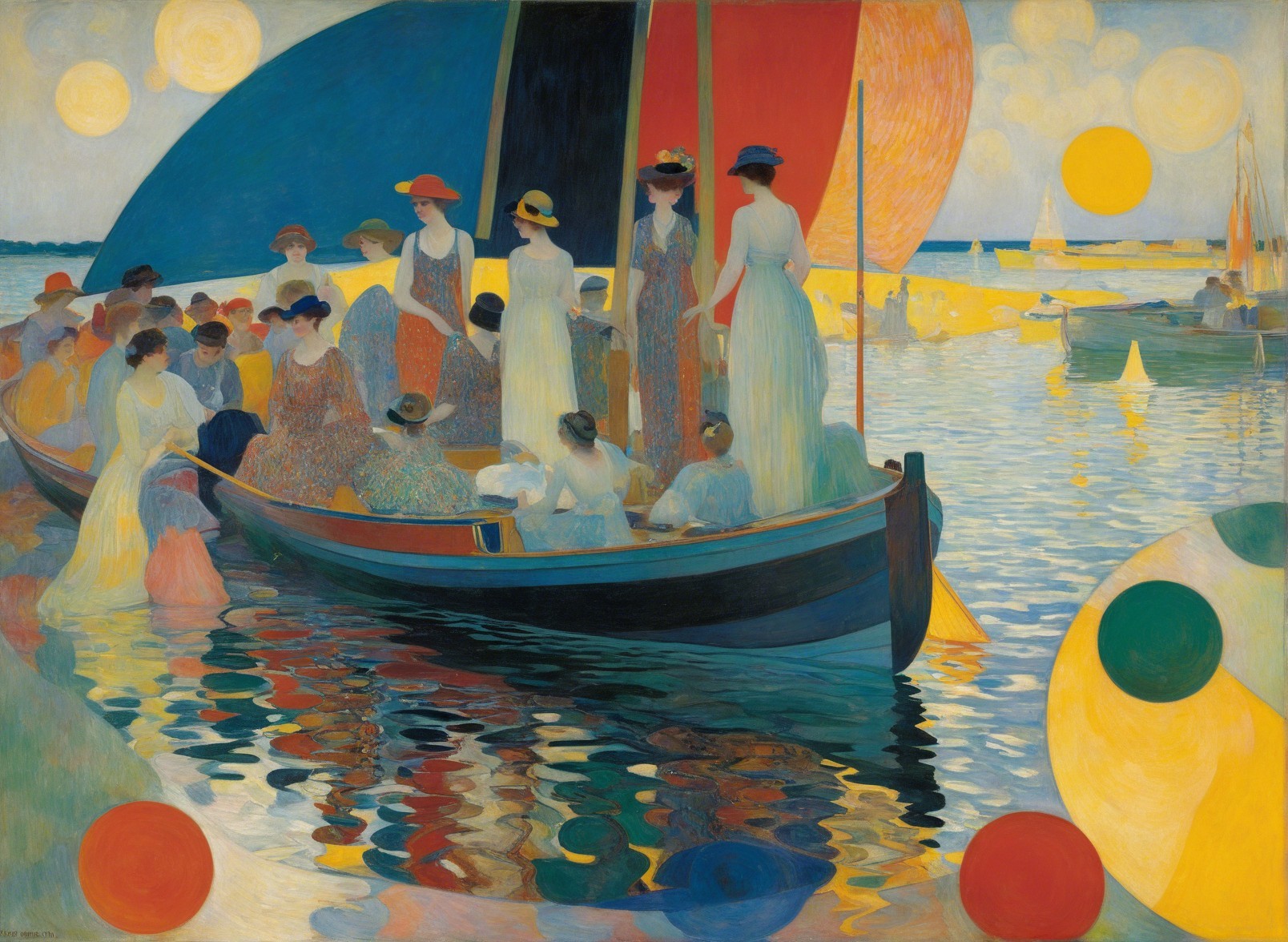 Impressionist Scene of Women in Hats on Colorful Boat