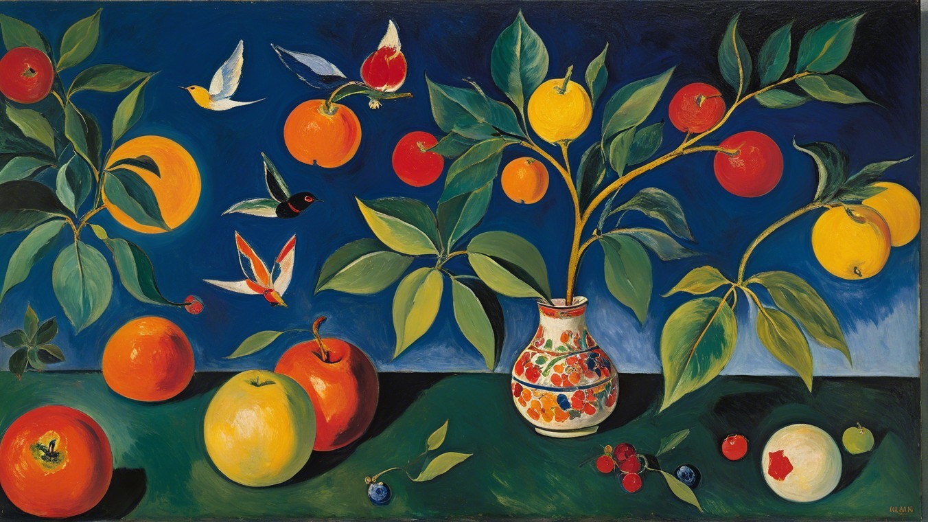 Vibrant Still Life with Fruits and Decorative Vase