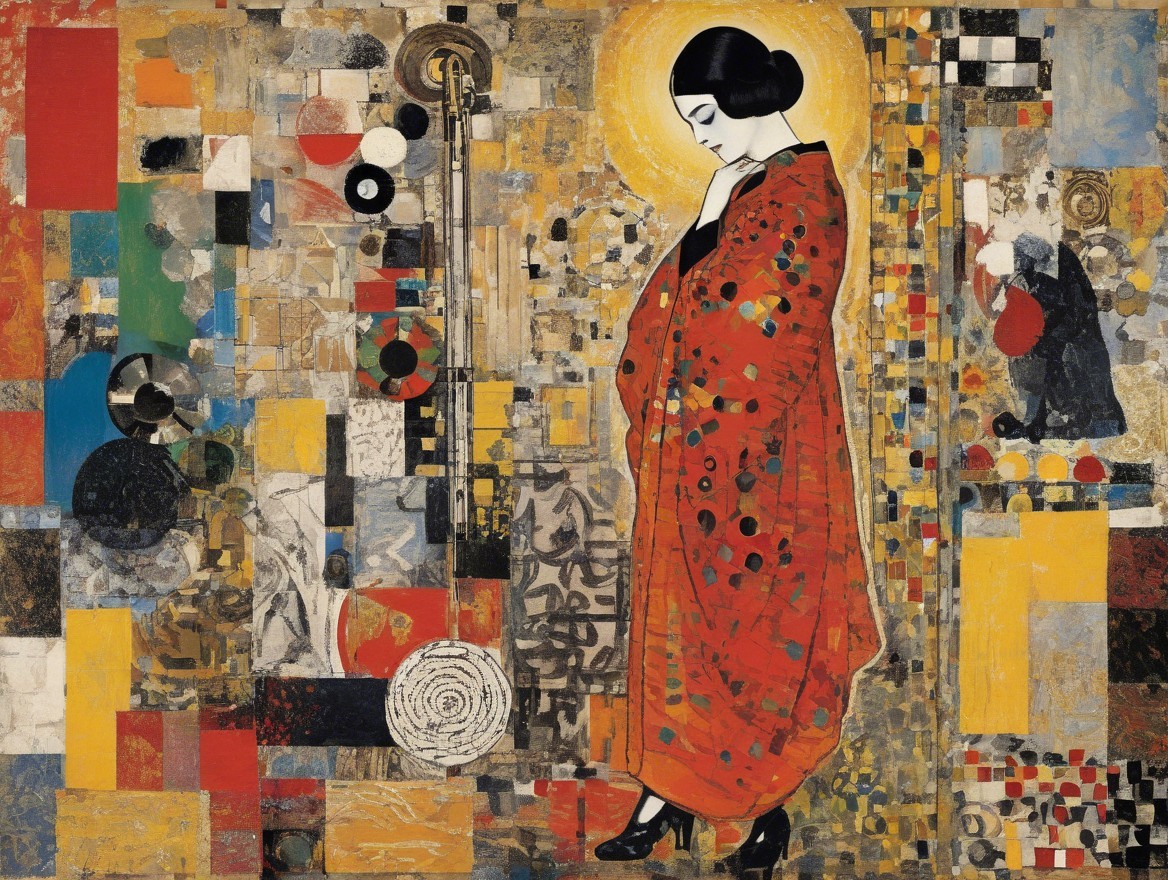 Woman in red kimono against colorful mosaic background