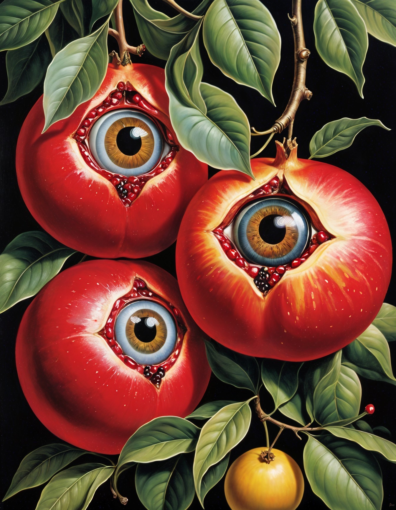 Surreal Pomegranates with Human Eyes and Green Leaves