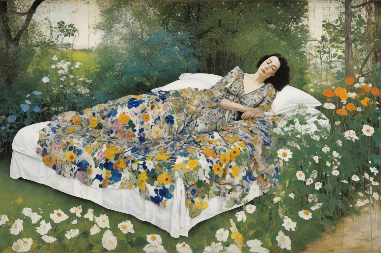 Woman Sleeping in Floral Gown Surrounded by Nature