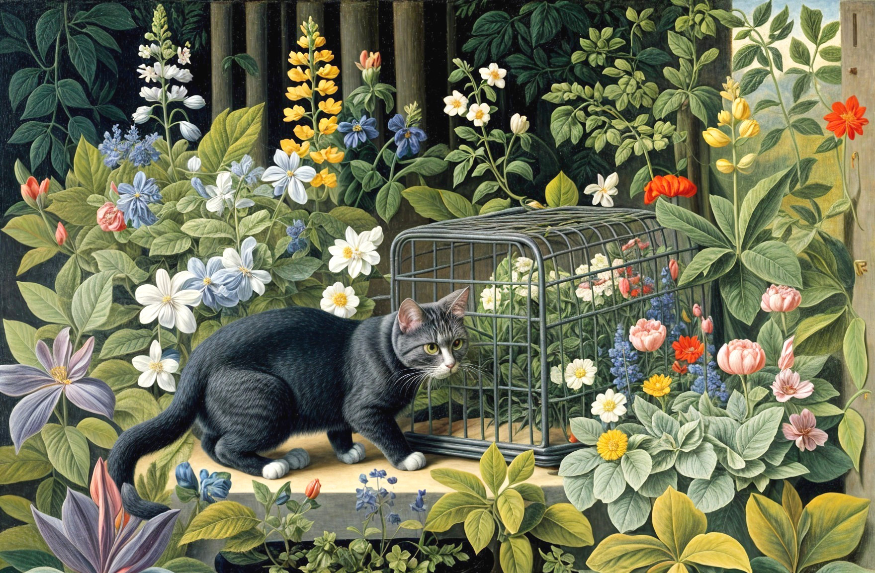 Black Cat in Vibrant Garden with Colorful Flowers