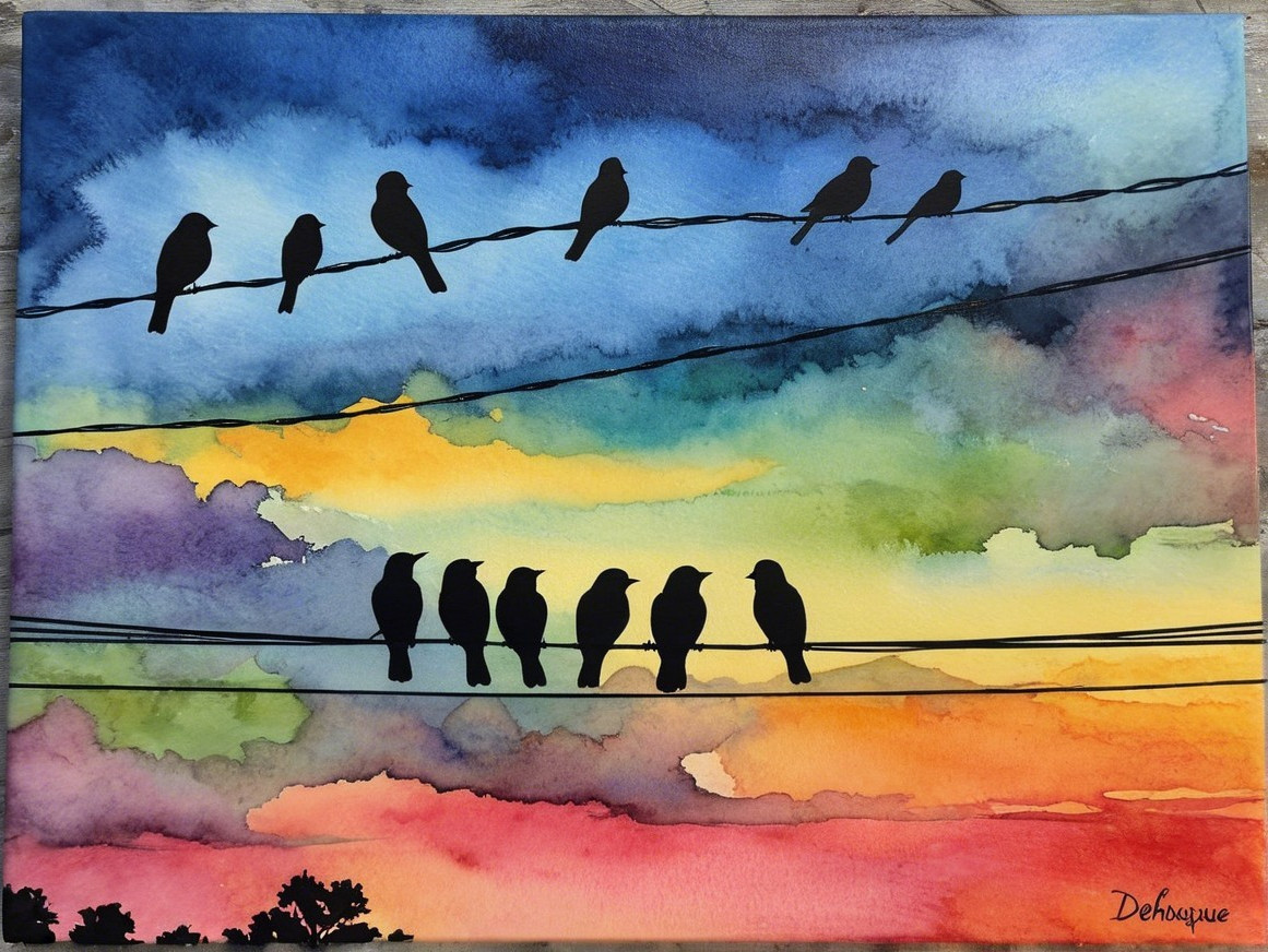 Vibrant Watercolor Sky with Silhouetted Birds