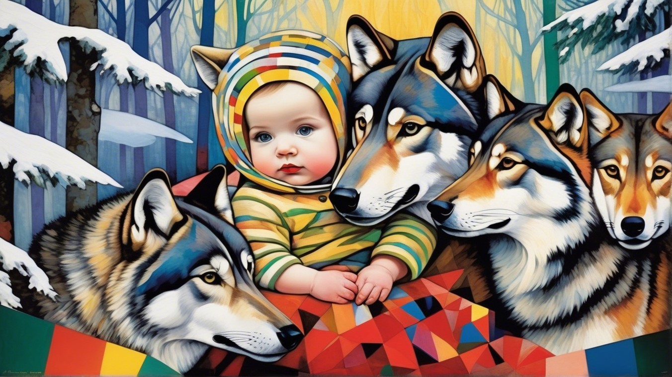 Child in Striped Hoodie Surrounded by Wolves in Snow