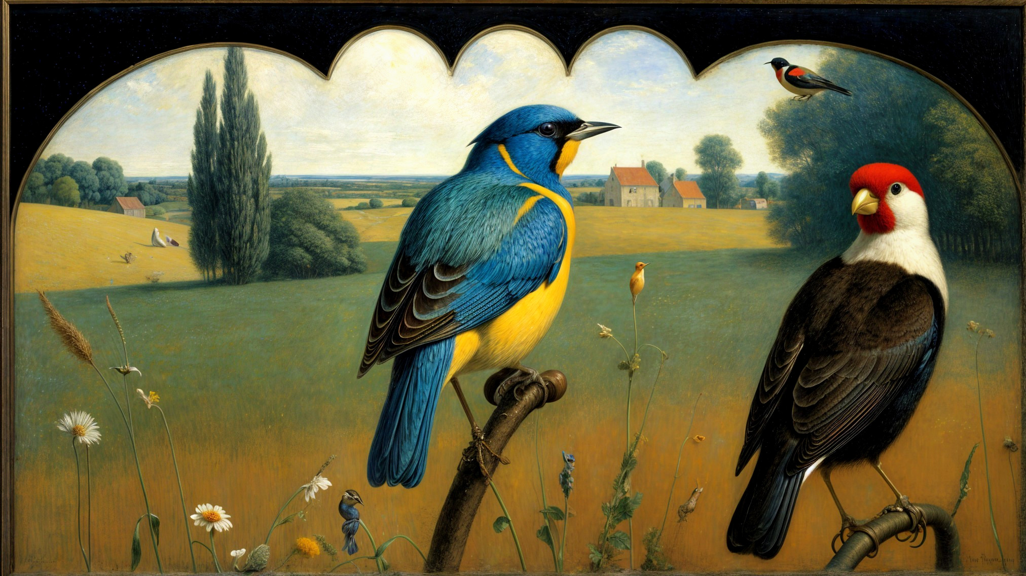 Vibrant Landscape with Detailed Birds on Branches