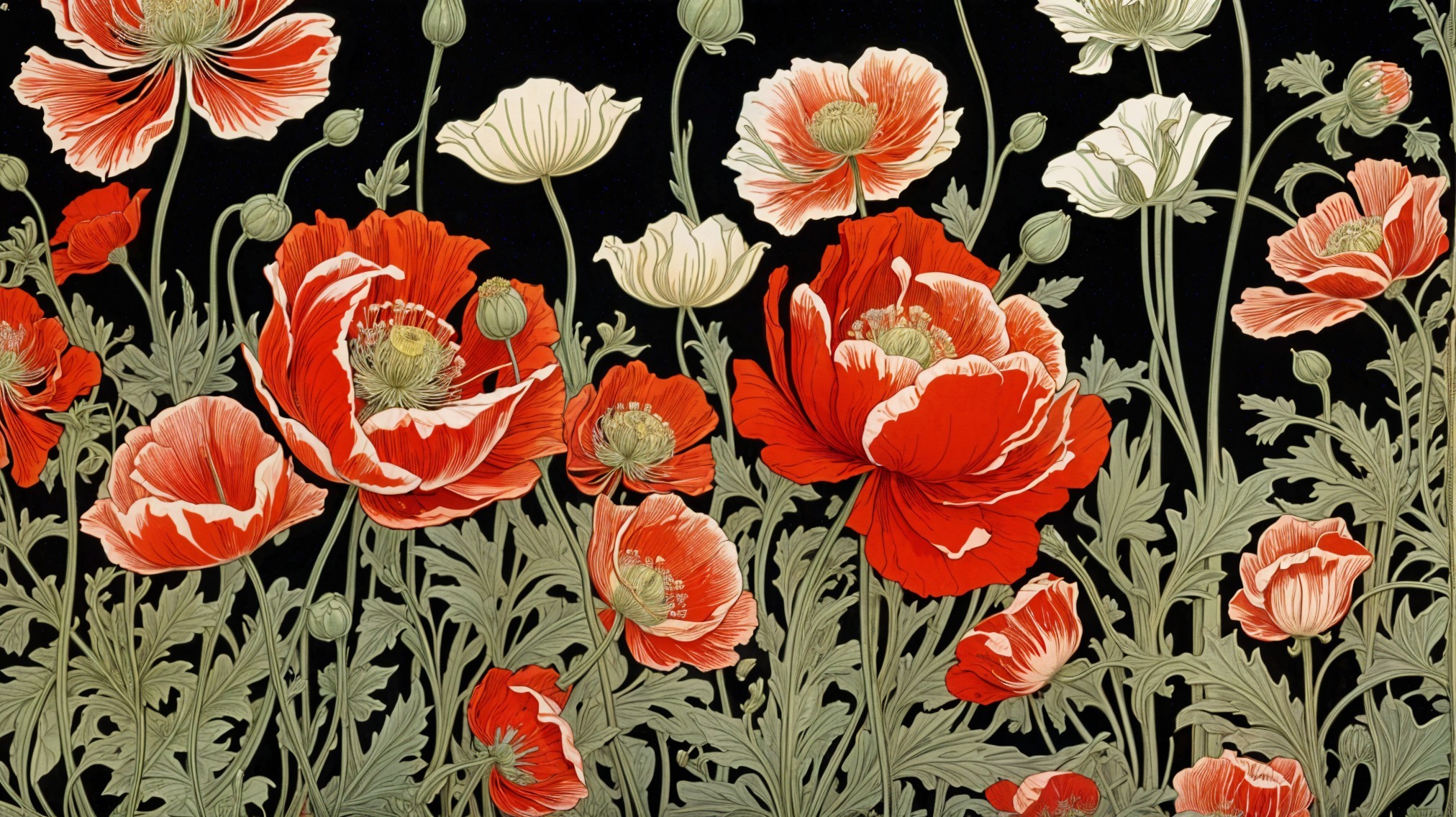 Vibrant Red, White, and Cream Poppies on Dark Background