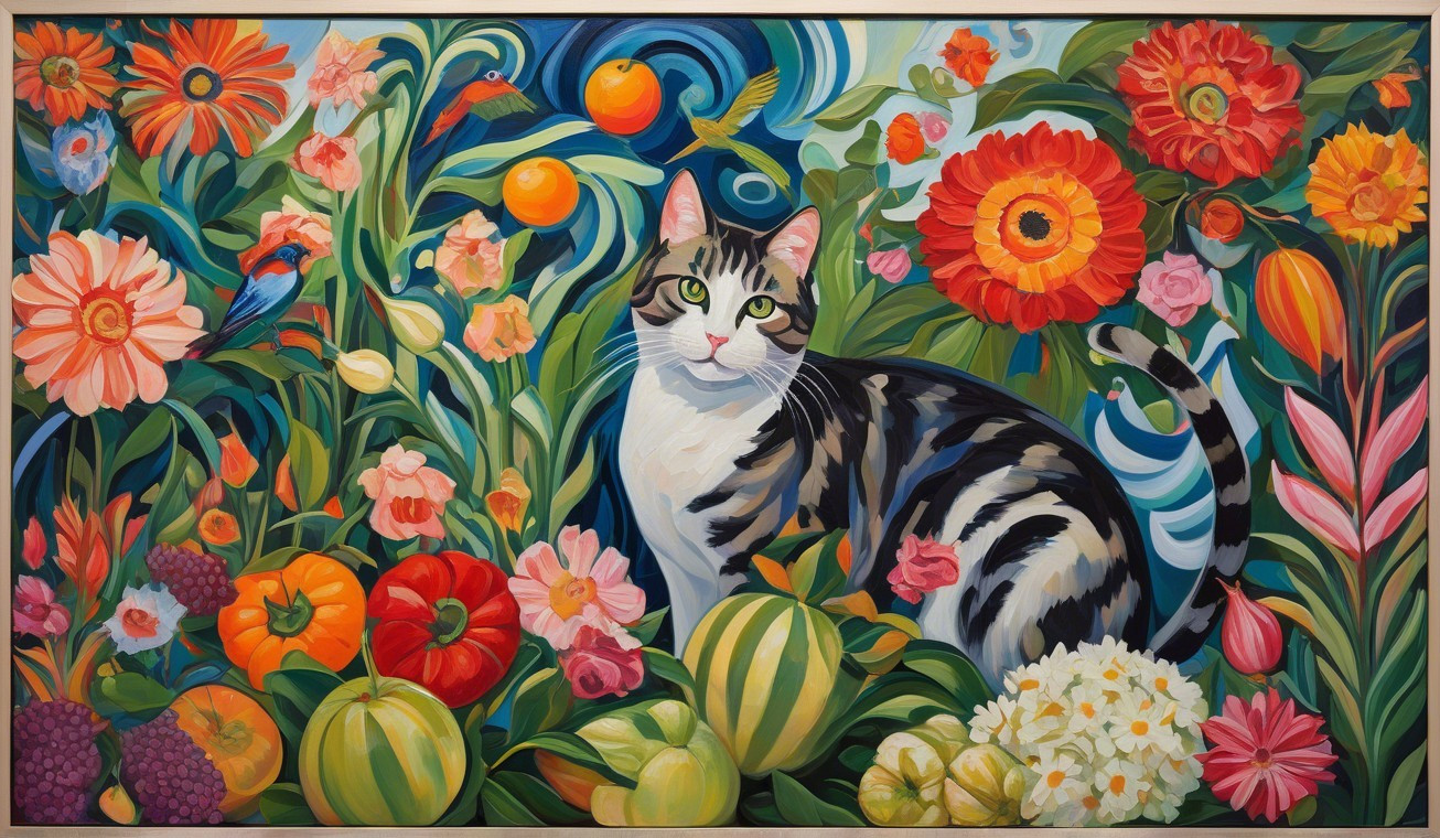Vibrant Painting of Tabby Cat in Colorful Garden