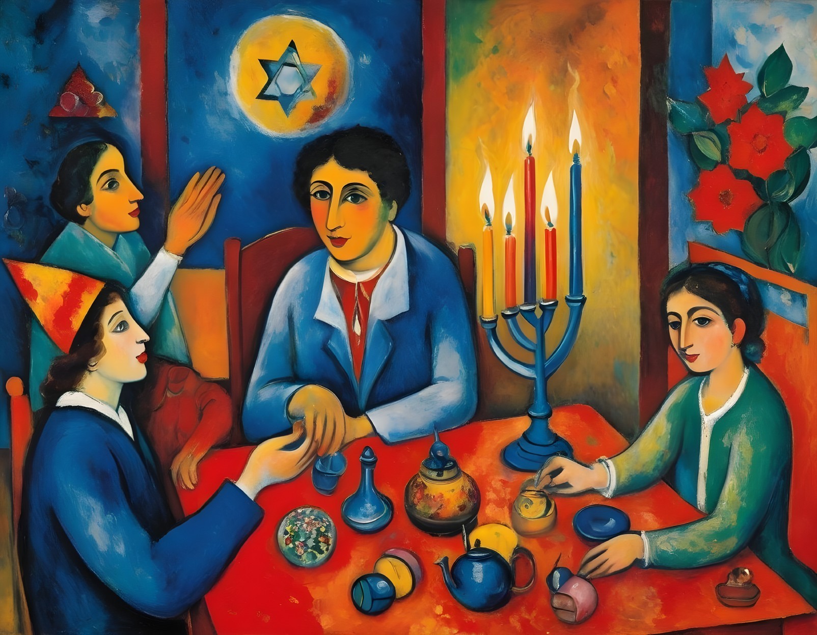 Vibrant painting featuring four people at a table with candelabra, teapot, bowls,