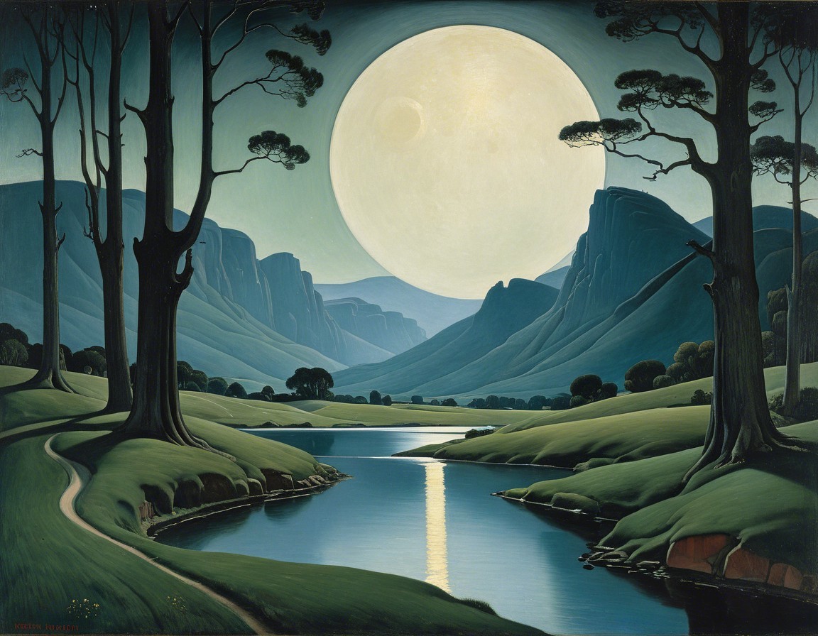 Moonlit River in a Serene Landscape with Hills and Trees