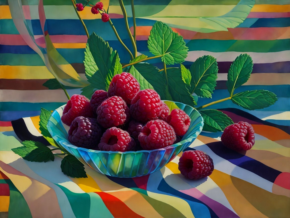 Vibrant Still Life with Blue Bowl and Raspberries