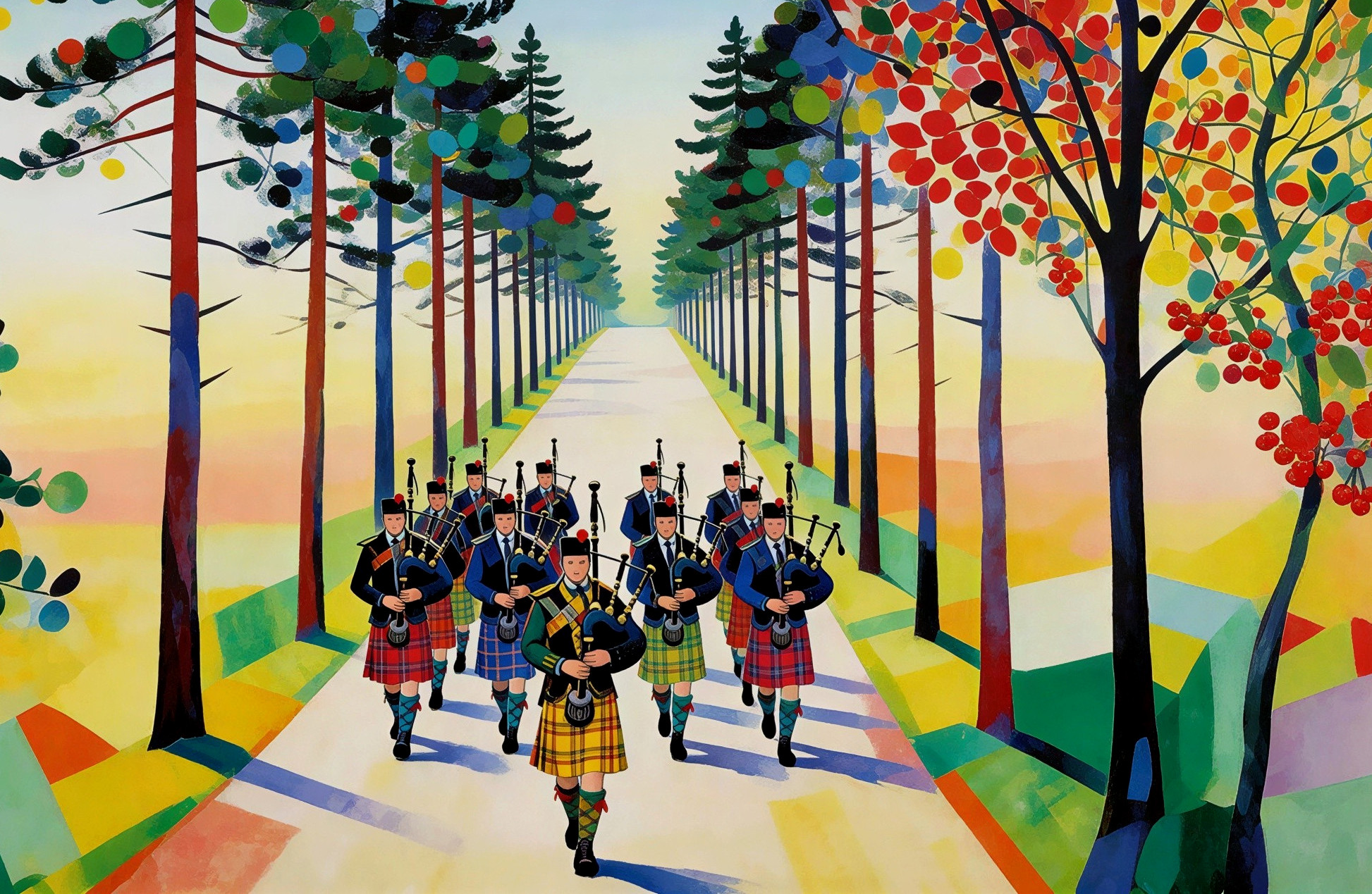 Scottish Pipe Band Marching on a Colorful Road