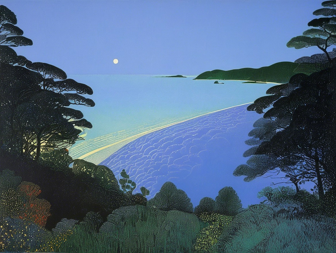 Twilight Coastal Landscape with Moonlit Waves
