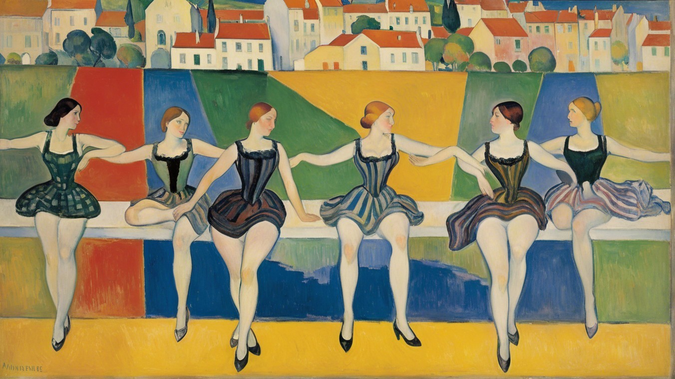 Six Women in Colorful Ballet Costumes Against Abstract Background