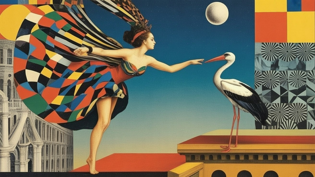 Surrealistic Scene with Woman, Stork, and Patterns