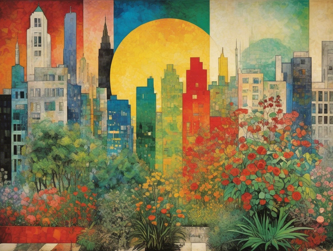 Vibrant Cityscape at Sunrise with Colorful Gardens