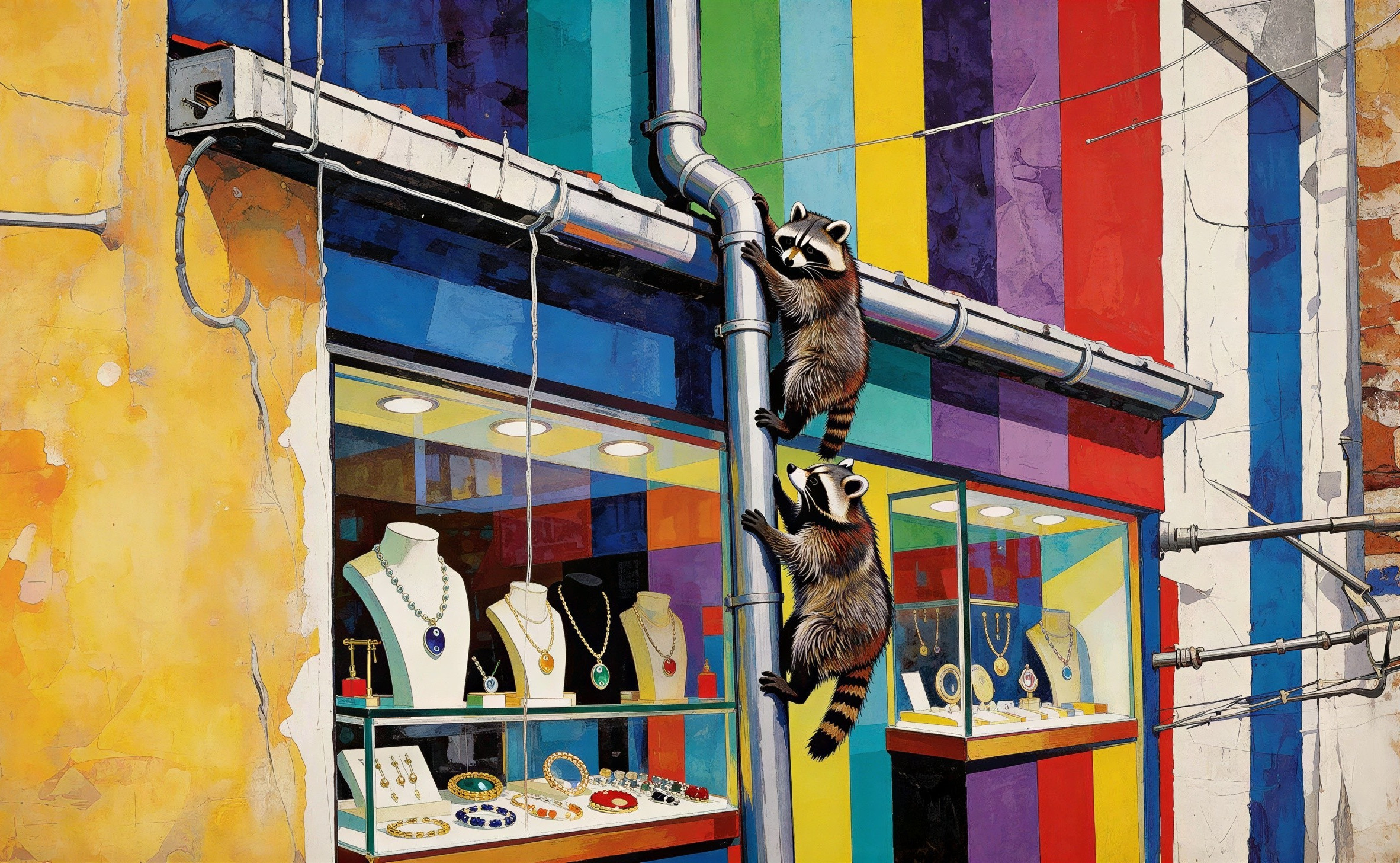 Raccoons Climbing Up Colorful Building's Downspout