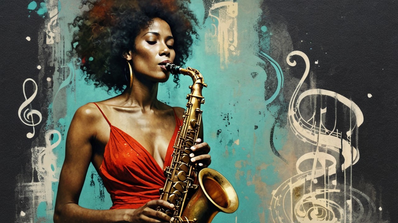 Woman in red dress playing golden saxophone with curls