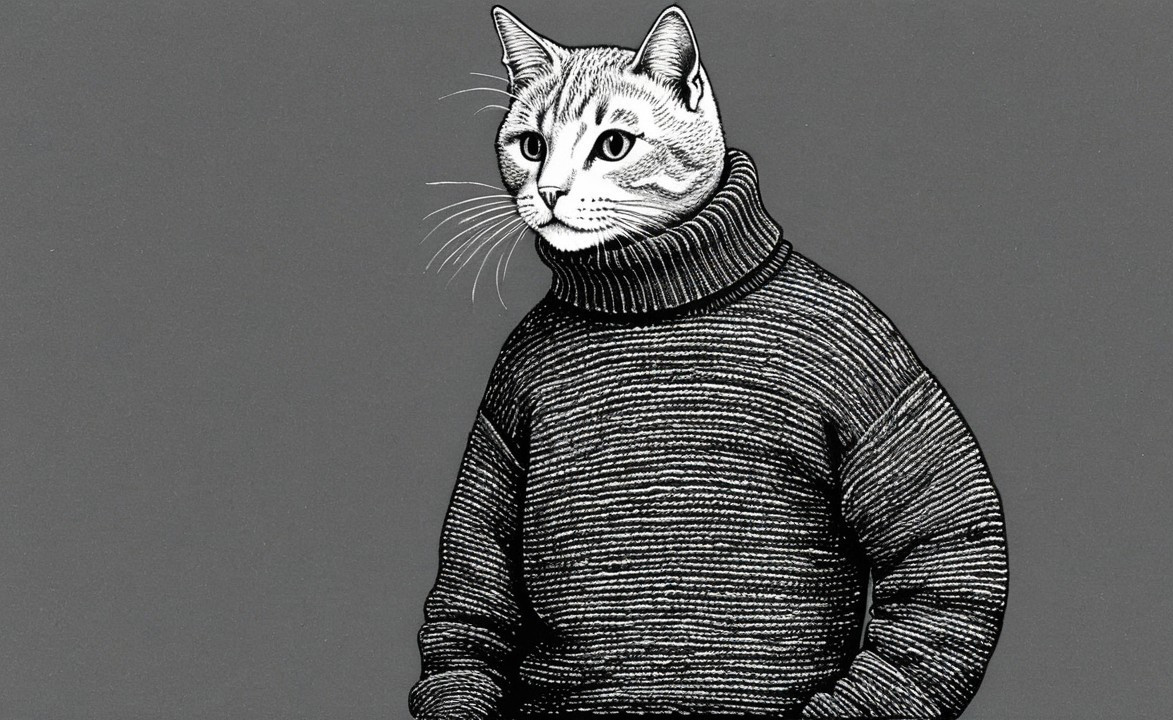 Whimsical Cat Illustration in Striped Turtleneck Sweater