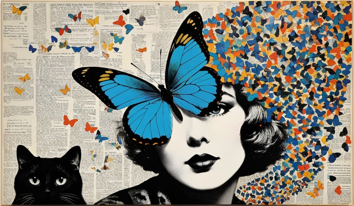 Stylized Woman with Butterfly and Cat in Artwork