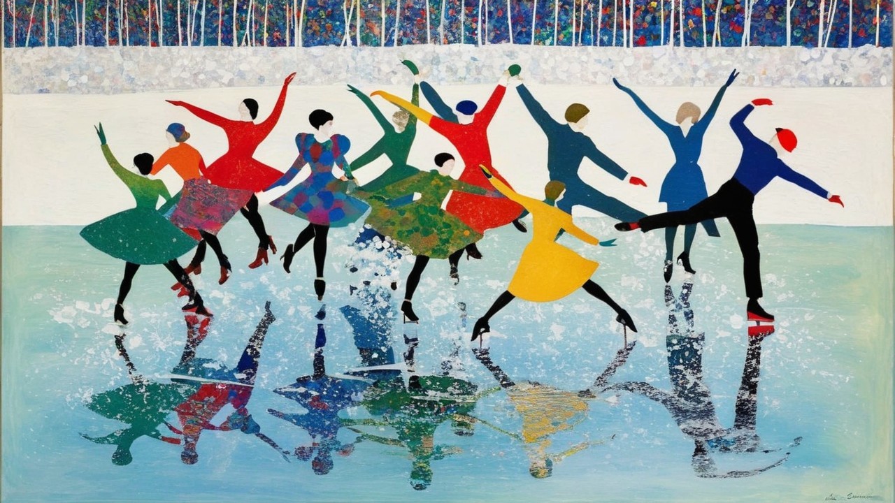 Vibrant Ice Skating Scene with Colorful Figures