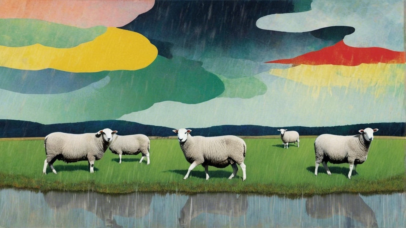 Serene Landscape with Sheep and Colorful Clouds