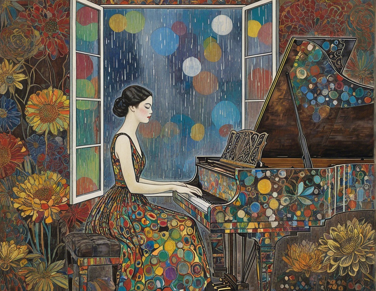Art Nouveau Painting of Woman Playing Piano
