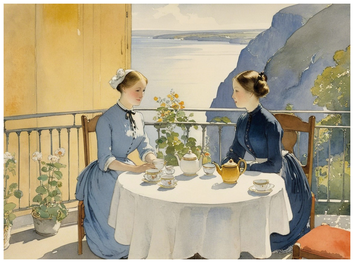 Elegant Women at Balcony Table with Scenic View