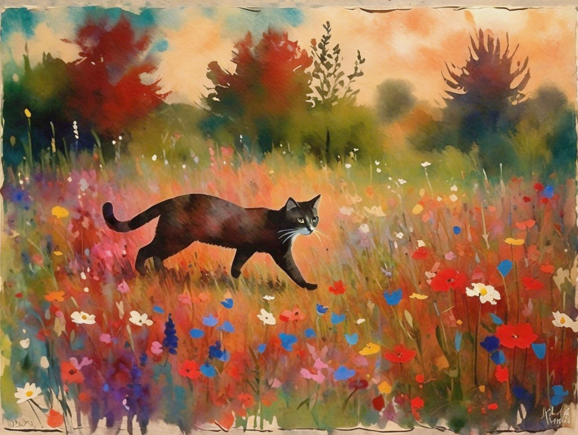 Black Cat in Vibrant Wildflower Meadow at Dusk