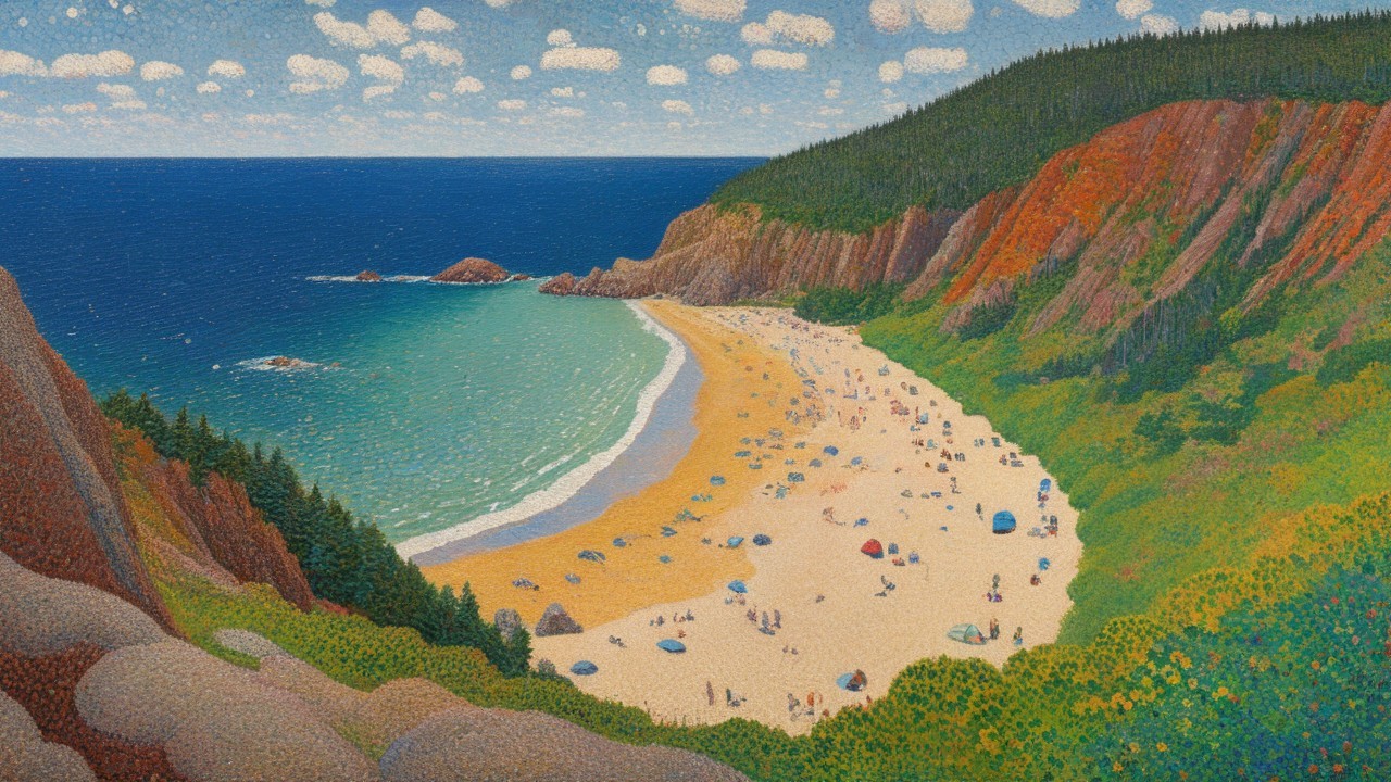 Vibrant Beach Scene with Sand, Hills, and Waves