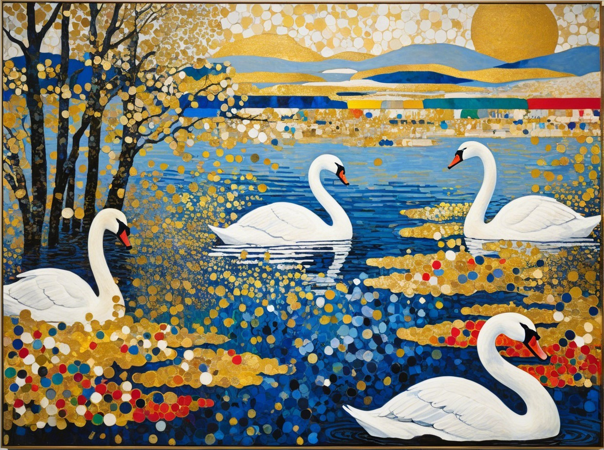 Swans Swimming in a Colorful Lake Landscape