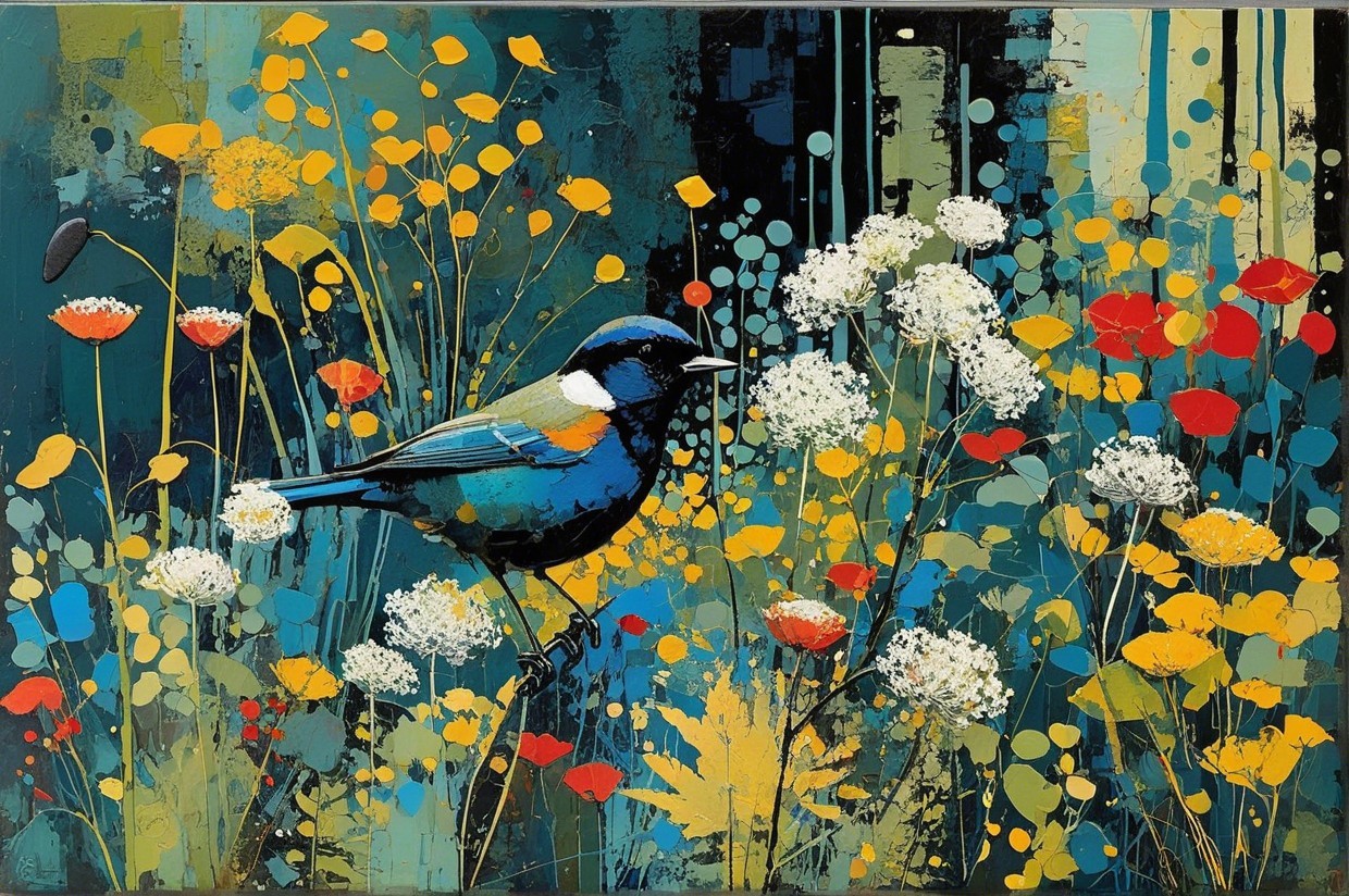 Vibrant Abstract Flowers and Foliage with a Blue Bird