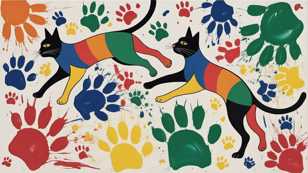 Vibrant Stylized Cats with Colorful Handprints