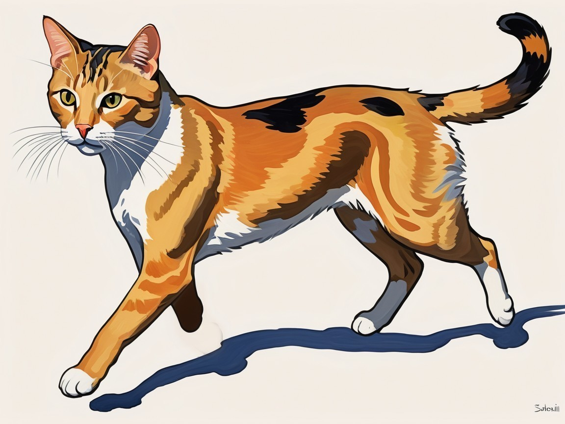 Vibrant Illustration of a Calico Cat Walking