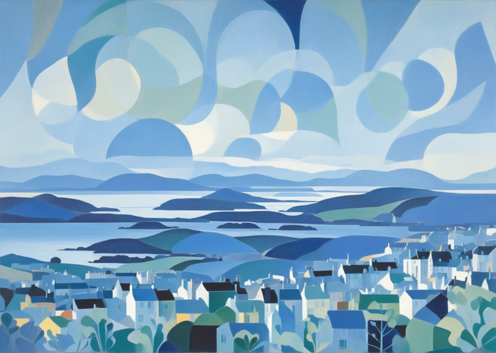 Abstract Geometric Cityscape with Blue and White Tones