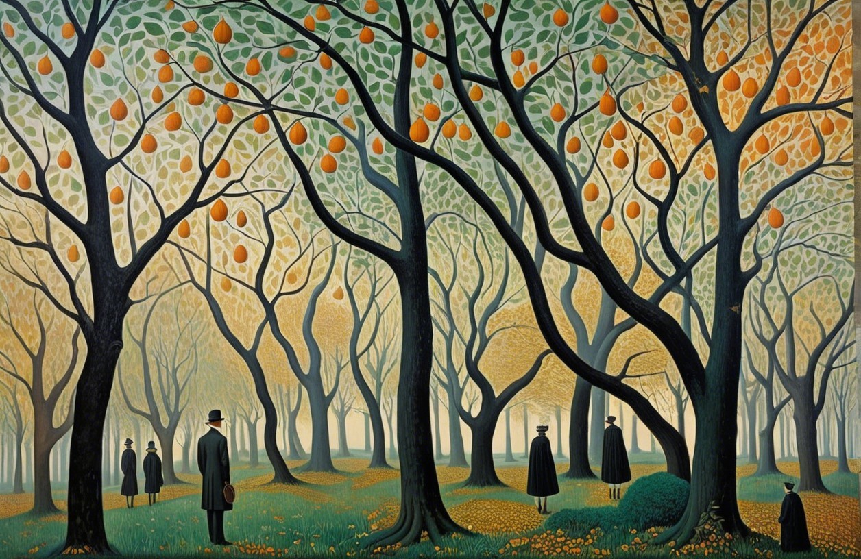 Serene Orchard Landscape with Vibrant Oranges and Figures