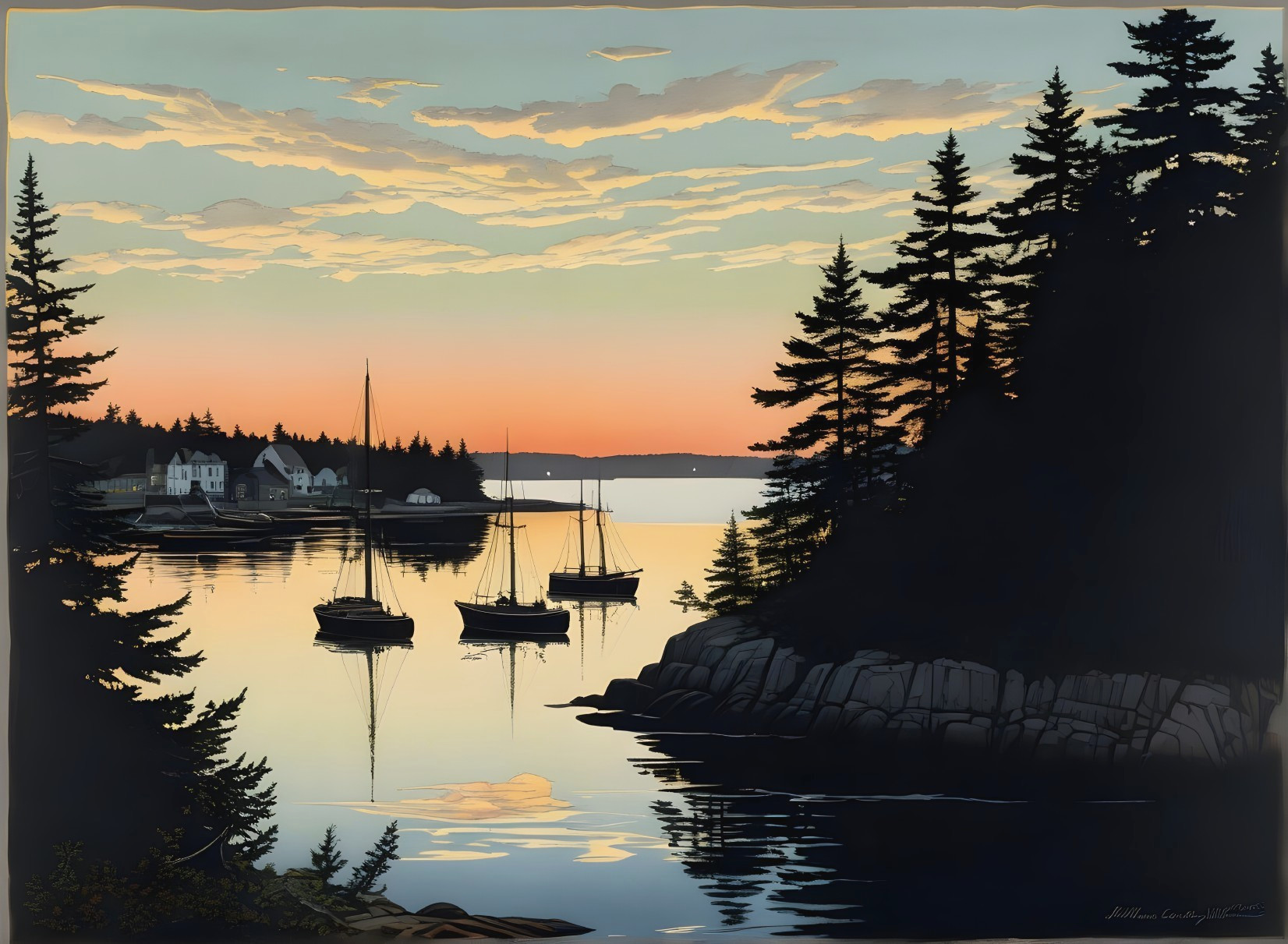 Tranquil Coastal Sunset with Pine Trees and Boats