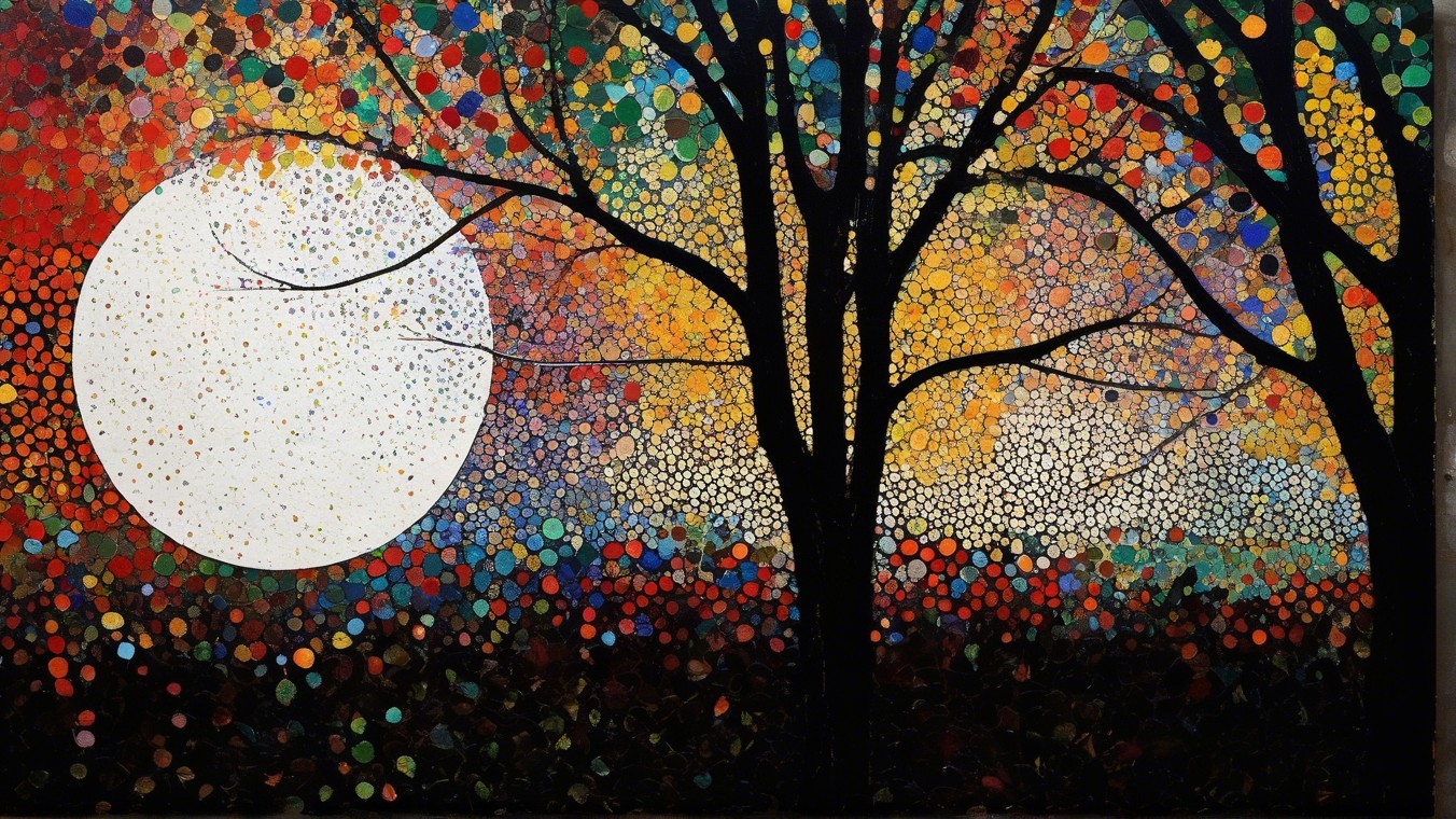 Vibrant Abstract Landscape with Luminous White Moon