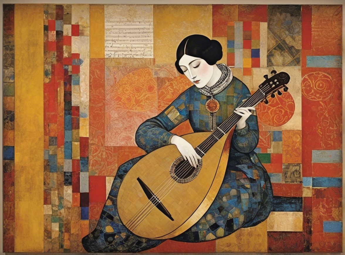 Woman in Blue Dress Playing Lute with Geometric Patterns