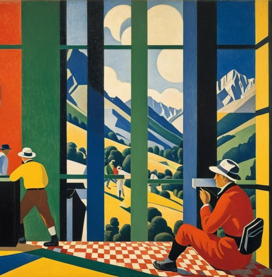 Vibrant Interior Scene with Figures and Mountain View