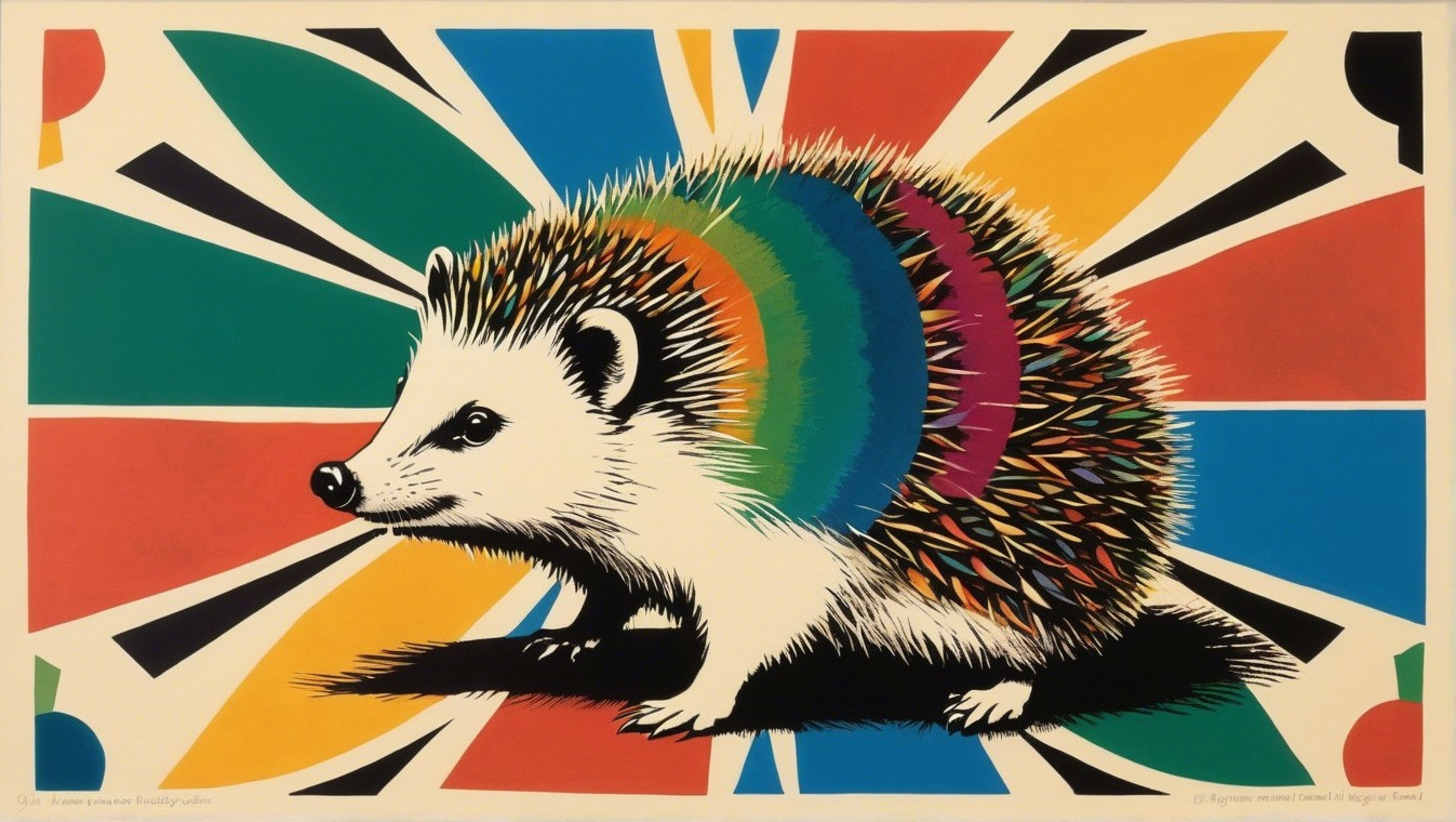 Stylized hedgehog with rainbow quills on abstract background