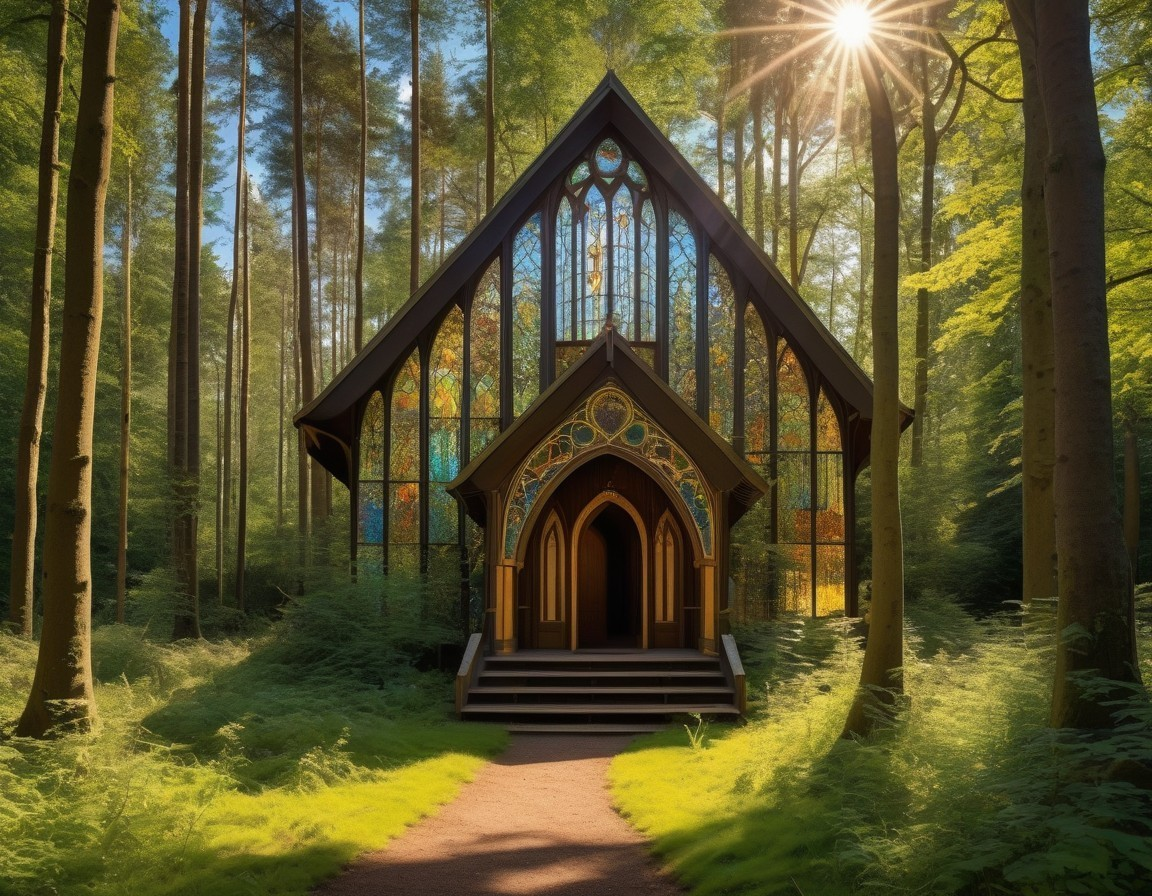 Chapel with Stained Glass in Sunlit Forest Clearing