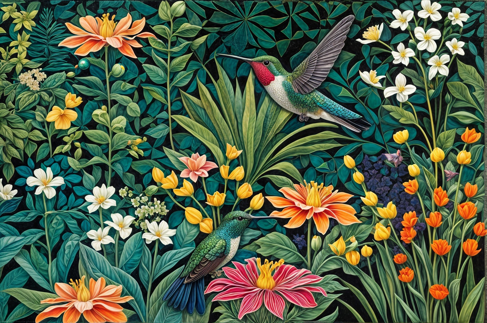 Vibrant Garden Scene with Colorful Flowers and Hummingbirds