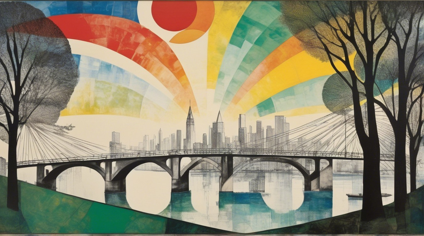Vibrant Cityscape with Bridge and Colorful Sunshine