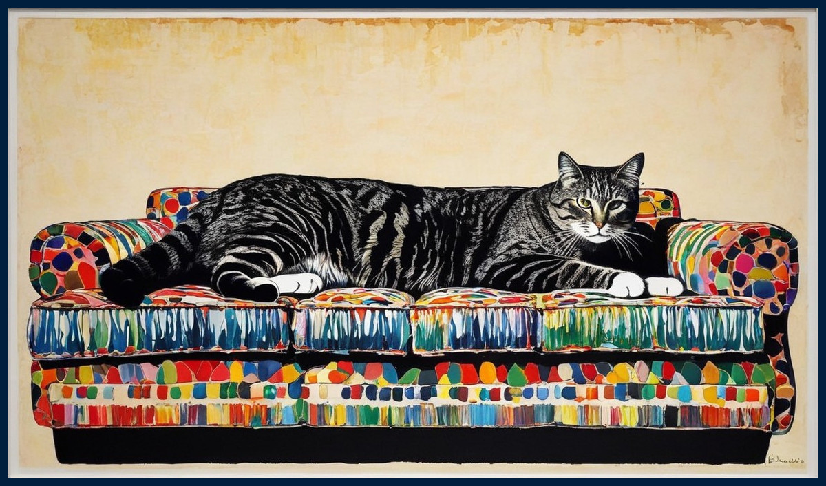 Illustration of a tabby cat on a colorful sofa