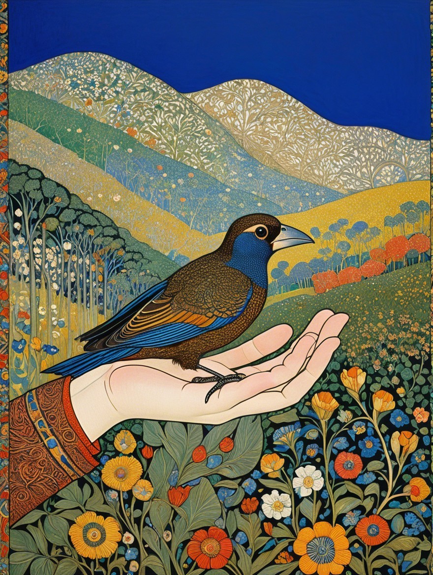 Vibrant landscape with colorful bird and flowers