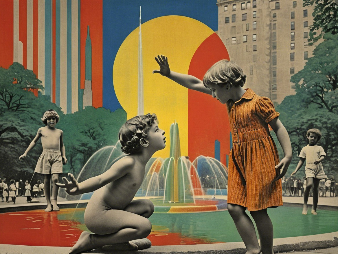Children Playing by a Colorful Fountain in a Cityscape