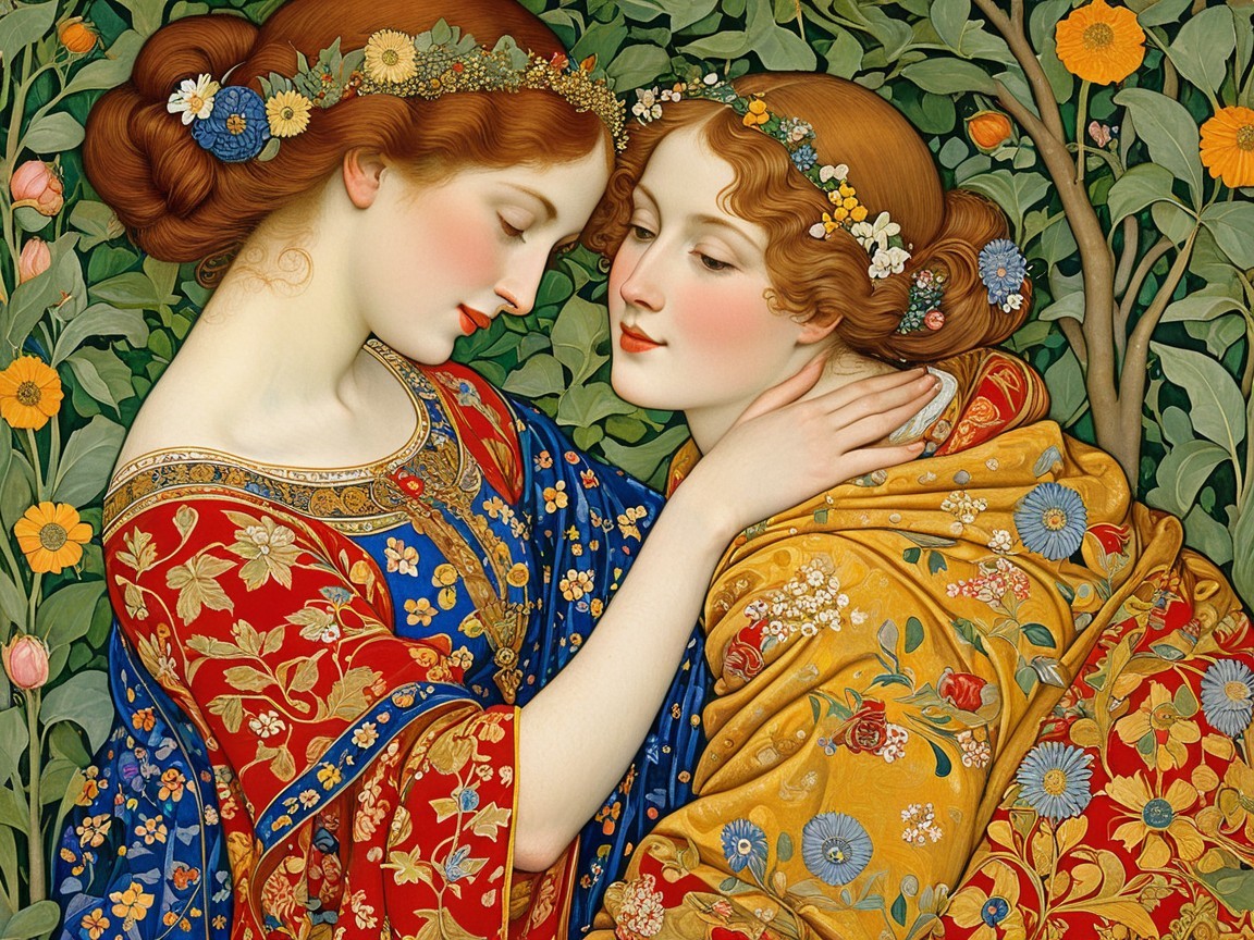 Ethereal Women in Floral Headpieces and Robes