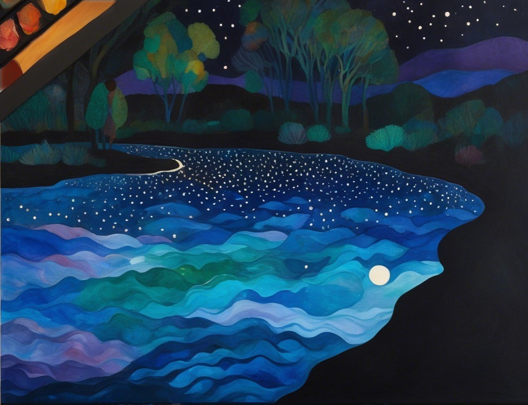 Serene night scene with river and starry sky reflections