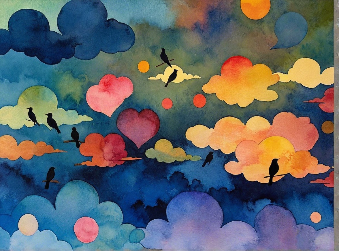 Vibrant Watercolor Painting of Dreamy Sky and Birds
